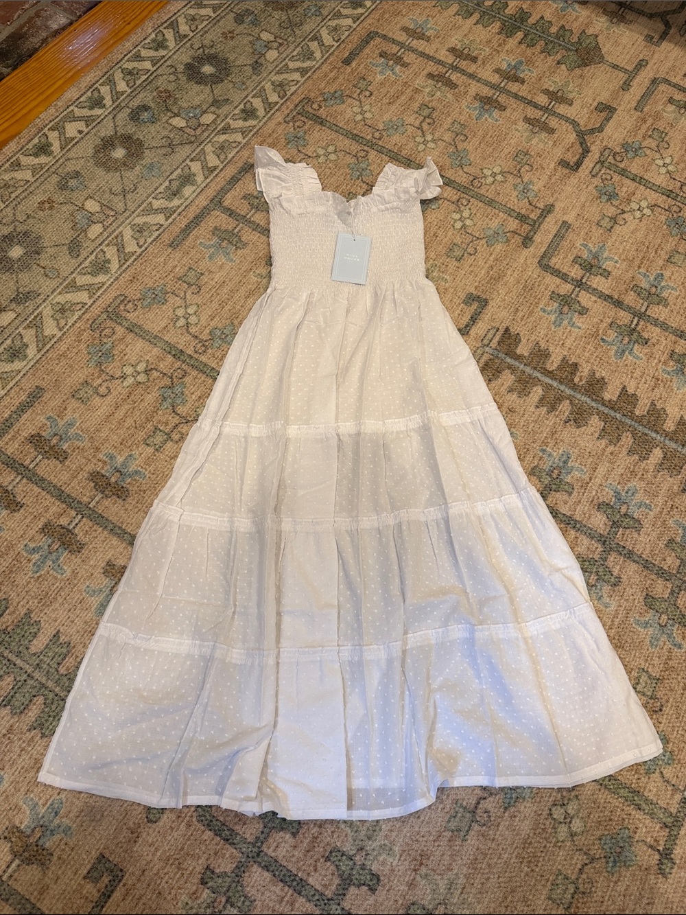 Hill House White Swiss Dot Maxi Dress with Ruffle Shoulders